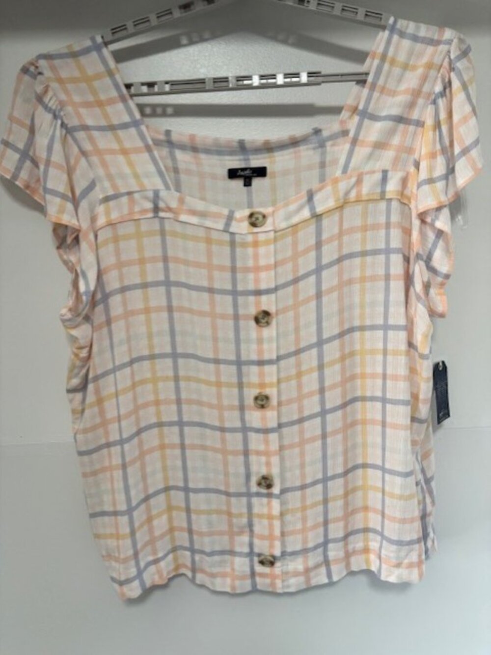 Angels 3X NWT Plaid Square Neck Wood Button Down Short Ruffle Sleeve Blouse
